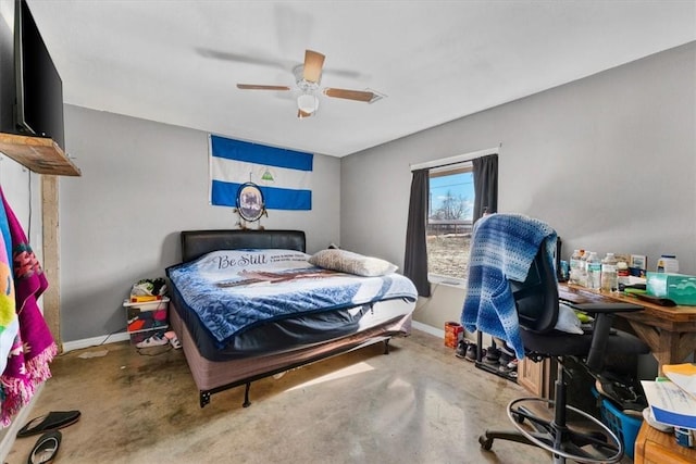 bedroom with concrete flooring and ceiling fan