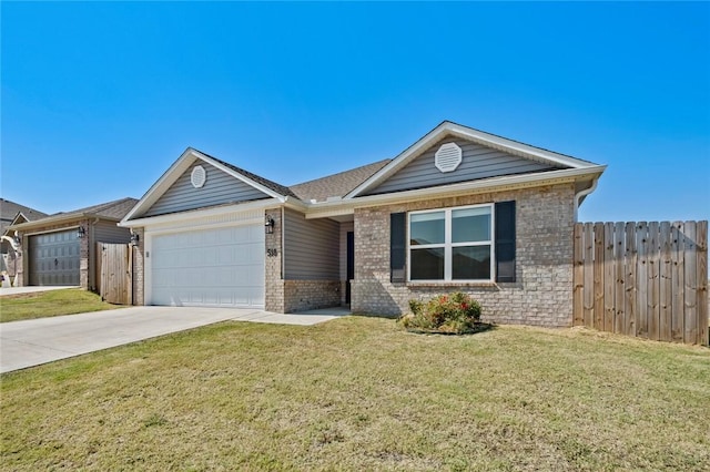 single story home with a garage and a front lawn