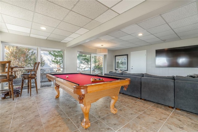 game room featuring a drop ceiling and pool table