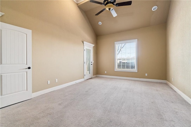 unfurnished room featuring ceiling fan, high vaulted ceiling, and light colored carpet