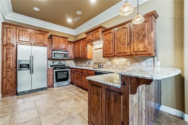 kitchen featuring stainless steel appliances, light stone counters, kitchen peninsula, pendant lighting, and ornamental molding