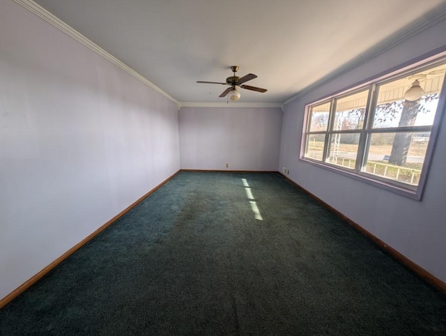 carpeted empty room featuring a ceiling fan, baseboards, and ornamental molding