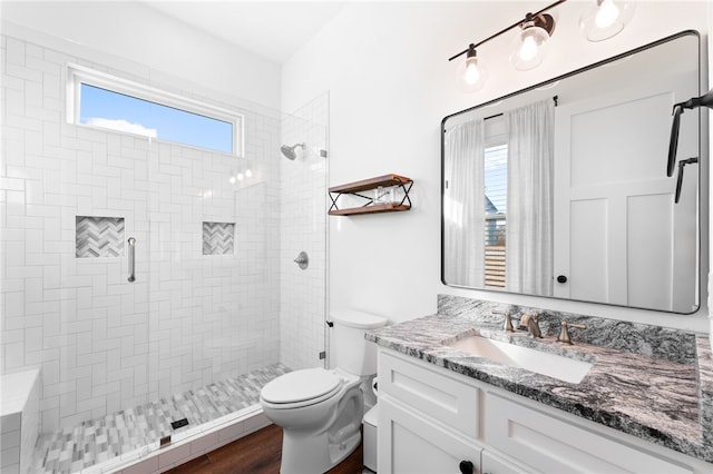 bathroom featuring a shower stall, toilet, and vanity