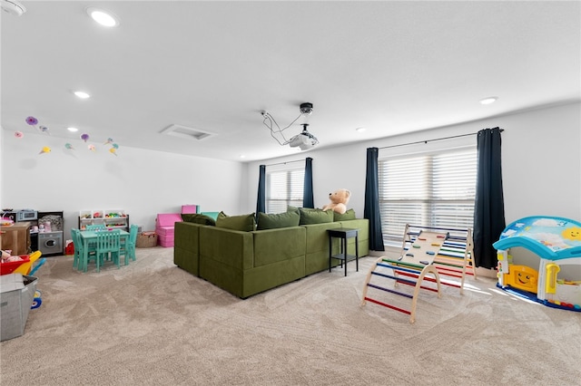 interior space with recessed lighting and carpet flooring