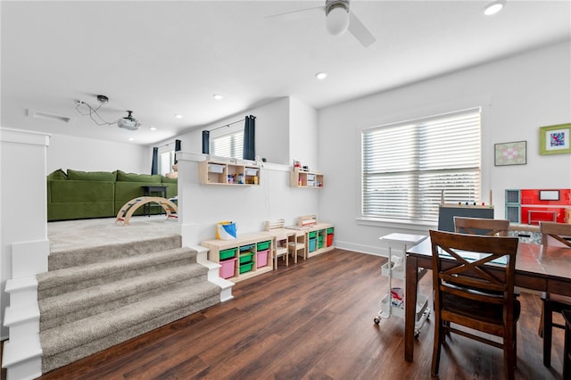 game room featuring recessed lighting, baseboards, ceiling fan, and wood finished floors