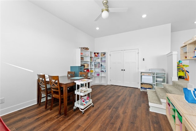 office with recessed lighting, wood finished floors, and a ceiling fan