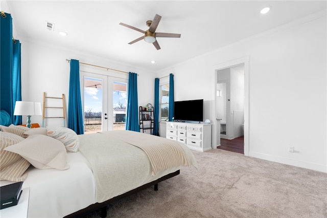 carpeted bedroom featuring visible vents, recessed lighting, french doors, baseboards, and access to exterior