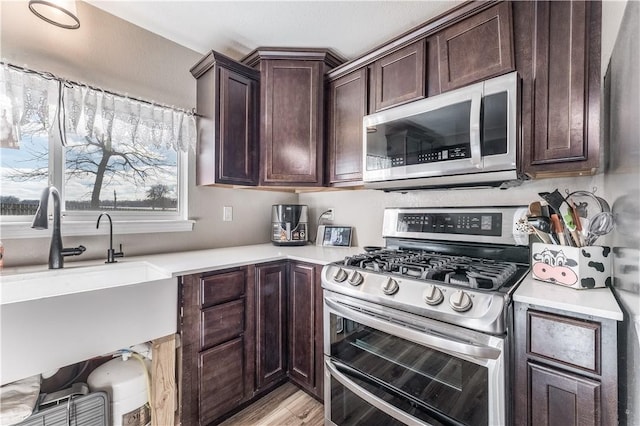 kitchen featuring stainless steel appliances, sink, dark brown cabinets, and light hardwood / wood-style flooring