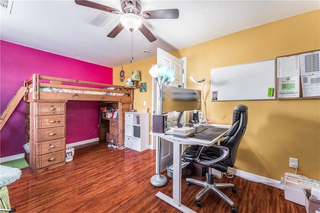 bedroom with hardwood / wood-style floors and ceiling fan