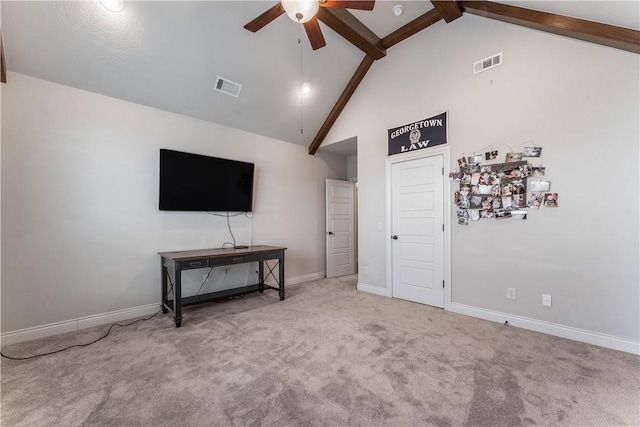 living room with high vaulted ceiling, beamed ceiling, carpet, and visible vents