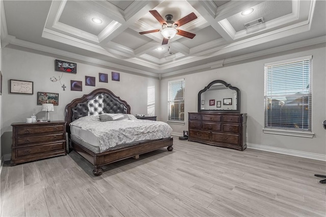 bedroom with light wood-style floors, visible vents, coffered ceiling, and crown molding