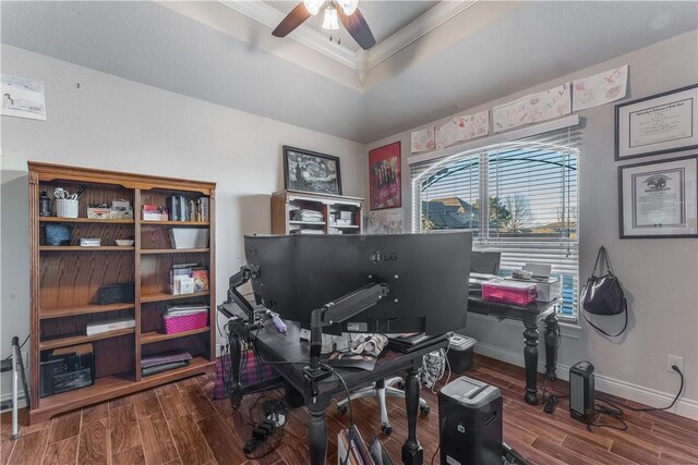 misc room with ceiling fan, crown molding, and a tray ceiling