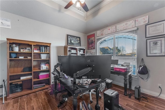 office with wood finish floors, a raised ceiling, a ceiling fan, and baseboards