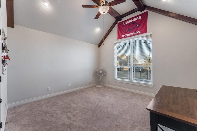 unfurnished room featuring light carpet, vaulted ceiling with beams, ceiling fan, and baseboards