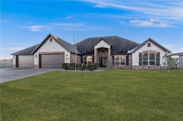 french country inspired facade featuring concrete driveway, brick siding, an attached garage, and a front lawn