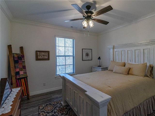 bedroom featuring ceiling fan, dark wood-type flooring, and ornamental molding