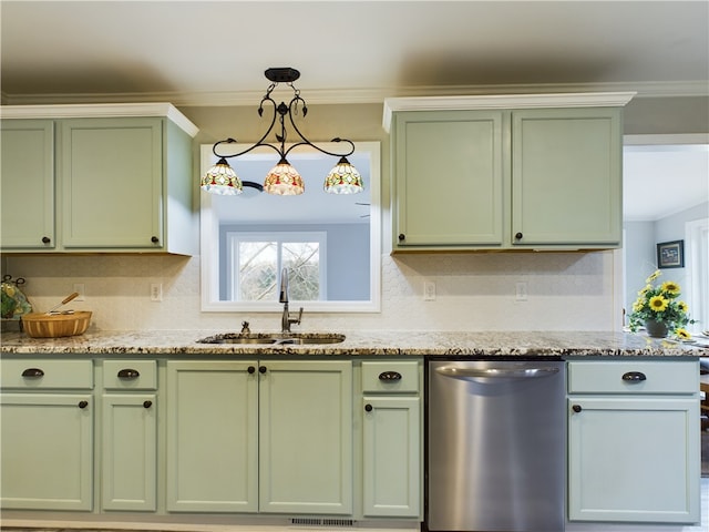 kitchen with dishwasher, crown molding, a sink, and green cabinetry