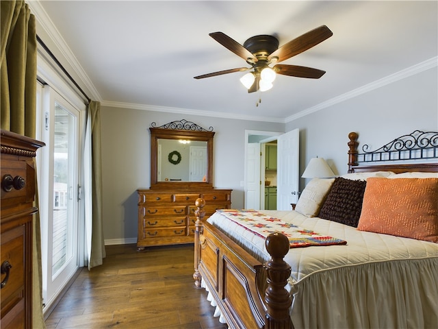 bedroom with ceiling fan, dark wood-type flooring, access to exterior, and ornamental molding