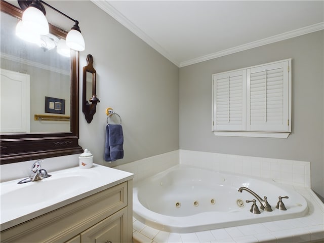 full bath featuring vanity, crown molding, and a tub with jets