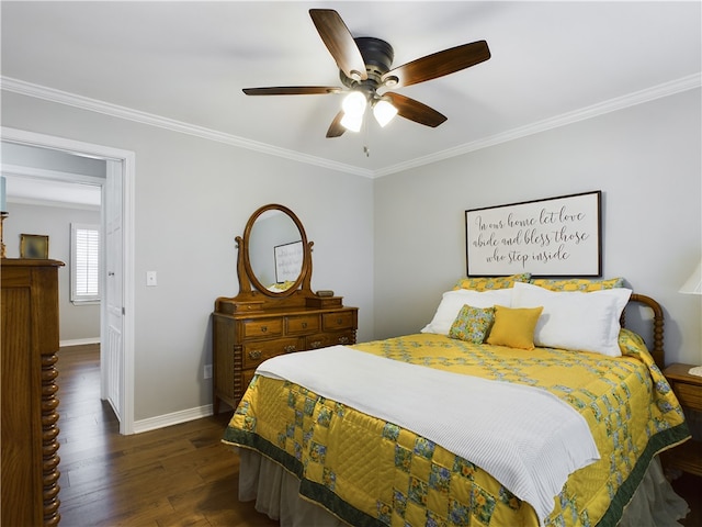 bedroom with a ceiling fan, wood finished floors, baseboards, and ornamental molding