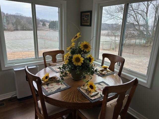 dining space with baseboards, plenty of natural light, and dark wood-type flooring