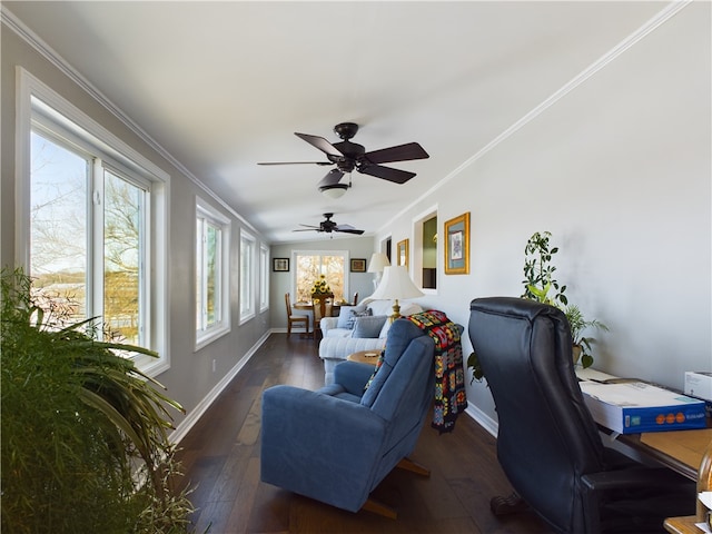 interior space with dark wood-style floors, ceiling fan, crown molding, and baseboards