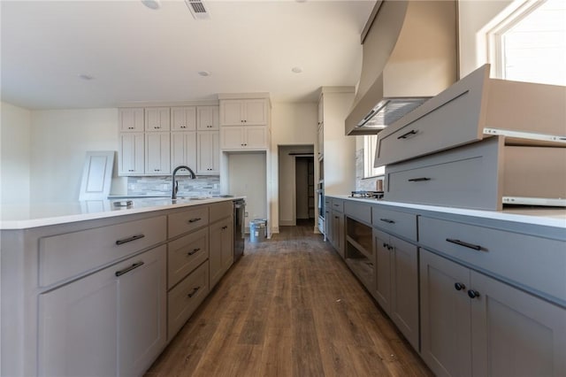 kitchen featuring sink, stainless steel appliances, tasteful backsplash, dark hardwood / wood-style flooring, and exhaust hood