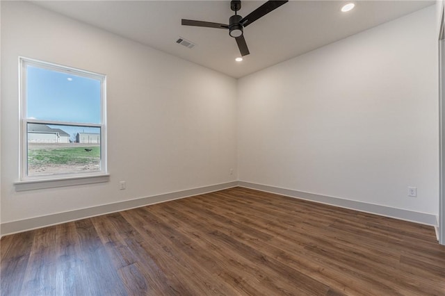 13121 Bethel Blacktop Rd, Farmington, AR 72730 - empty room featuring visible vents, recessed lighting, ceiling fan, and dark wood-style flooring