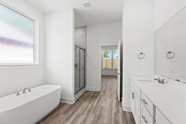 bathroom with vanity, wood-type flooring, and plus walk in shower