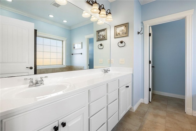 bathroom with vanity, tile patterned floors, and ornamental molding