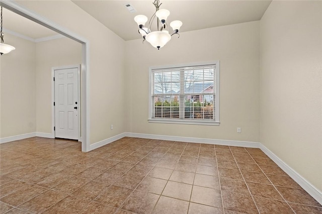 empty room with tile patterned floors, an inviting chandelier, and crown molding