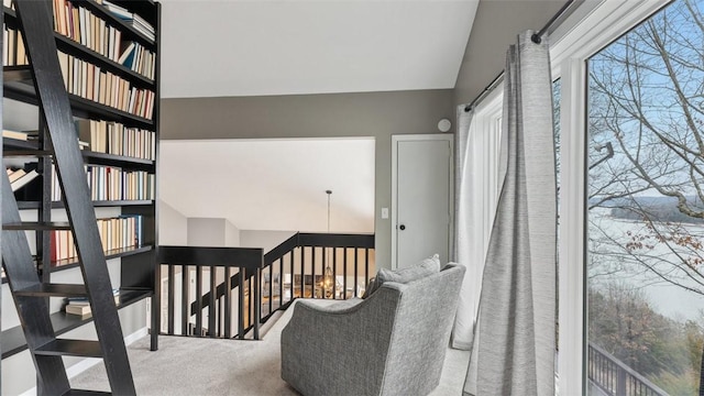 interior space featuring carpet flooring and vaulted ceiling