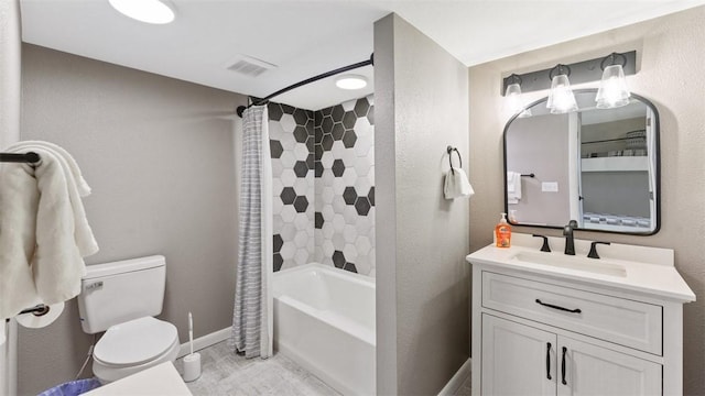 full bathroom featuring shower / bath combination with curtain, vanity, and toilet