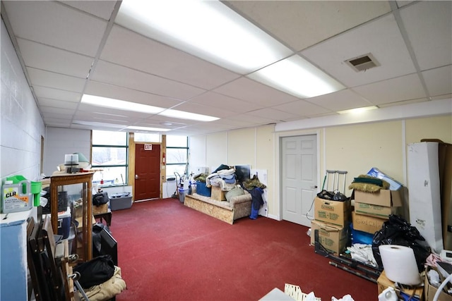 basement featuring carpet flooring