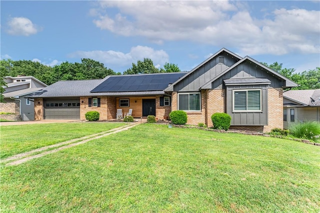 ranch-style house featuring concrete driveway, board and batten siding, an attached garage, and a front yard