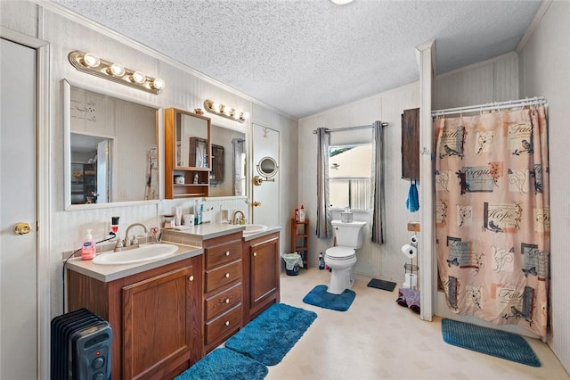 bathroom with a shower with curtain, crown molding, a textured ceiling, toilet, and vanity