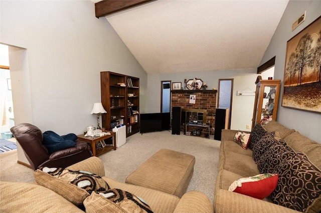 living room featuring carpet, beam ceiling, high vaulted ceiling, and a brick fireplace