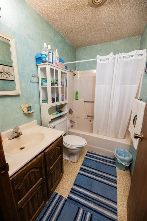 full bathroom with vanity, shower / bath combination with curtain, a textured ceiling, and toilet