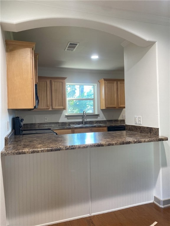 kitchen featuring stove, dark wood-type flooring, crown molding, and sink