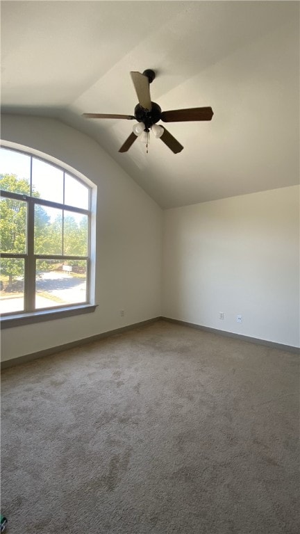 additional living space with carpet, plenty of natural light, ceiling fan, and lofted ceiling