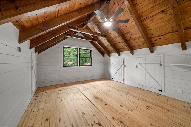 bonus room featuring vaulted ceiling with beams, wood ceiling, wooden walls, and light hardwood / wood-style flooring