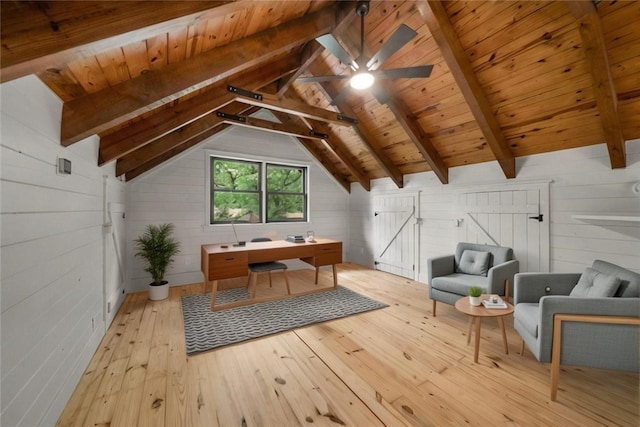 additional living space featuring vaulted ceiling with beams, light wood-type flooring, wood ceiling, and wood walls