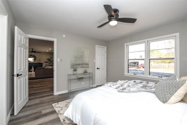 bedroom featuring ceiling fan and dark hardwood / wood-style flooring