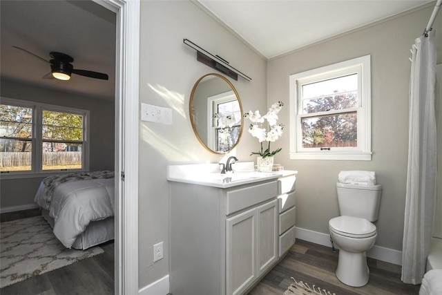 bathroom with vanity, hardwood / wood-style flooring, ceiling fan, a shower with shower curtain, and toilet