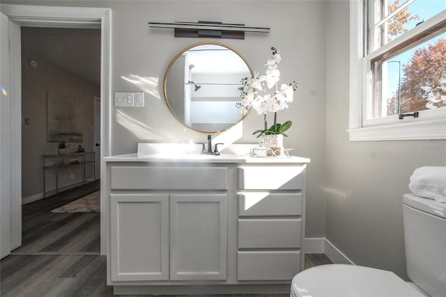 bathroom featuring vanity, hardwood / wood-style flooring, and toilet