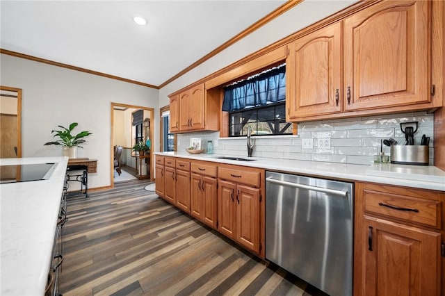 kitchen featuring stainless steel dishwasher, decorative backsplash, sink, dark wood-type flooring, and ornamental molding