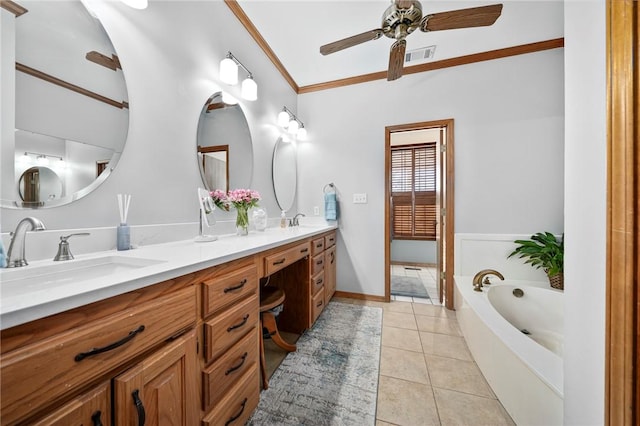 bathroom featuring ceiling fan, a bathtub, tile patterned flooring, ornamental molding, and vanity