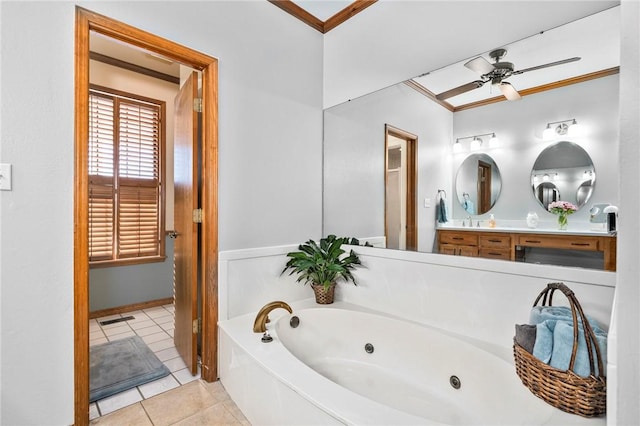 bathroom with ceiling fan, a tub to relax in, tile patterned floors, ornamental molding, and vanity