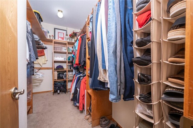 spacious closet featuring light colored carpet