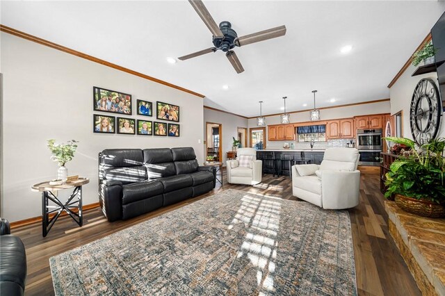 living room with ceiling fan, sink, dark hardwood / wood-style flooring, and ornamental molding